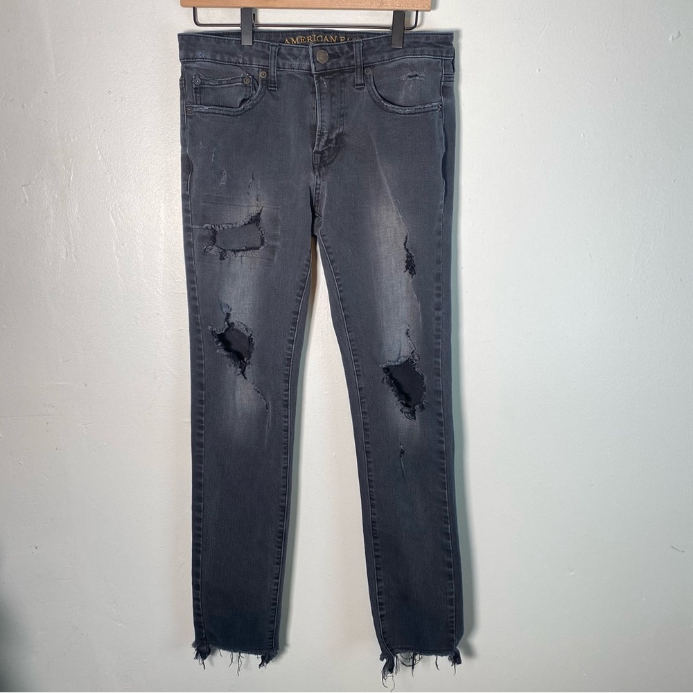 American Eagle Extreme Flex 4 Black Denim Distressed Skinny Jeans Size 31 X 32